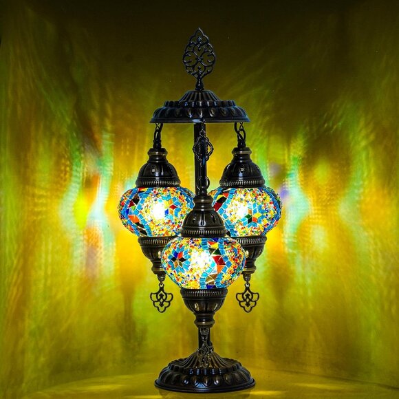 NEW! Handmade Turkish Mosaic Lamp – 3 Globe Tiffany-Style Moroccan Table Light - Picture 3 of 5